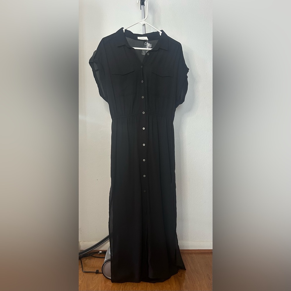 Lush Black Maxi Dress with Cuffed Sleeves